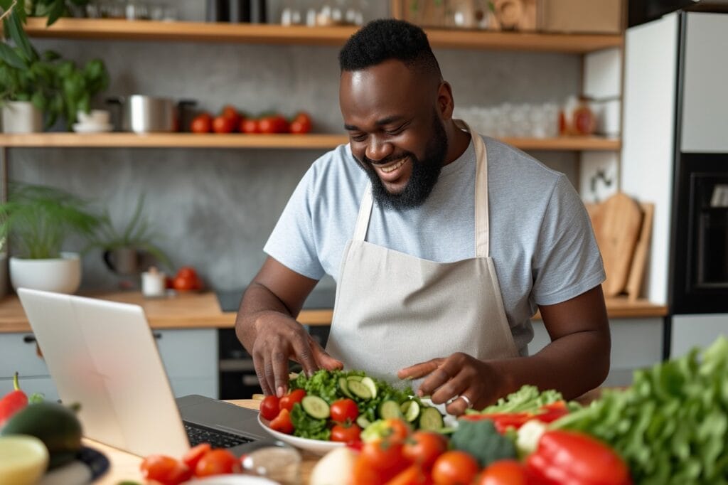 Man in apron smiling while preparing fresh vegetable salad in modern kitchen
