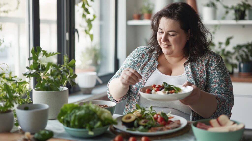 Woman eating nutritious lunch for stable blood sugar