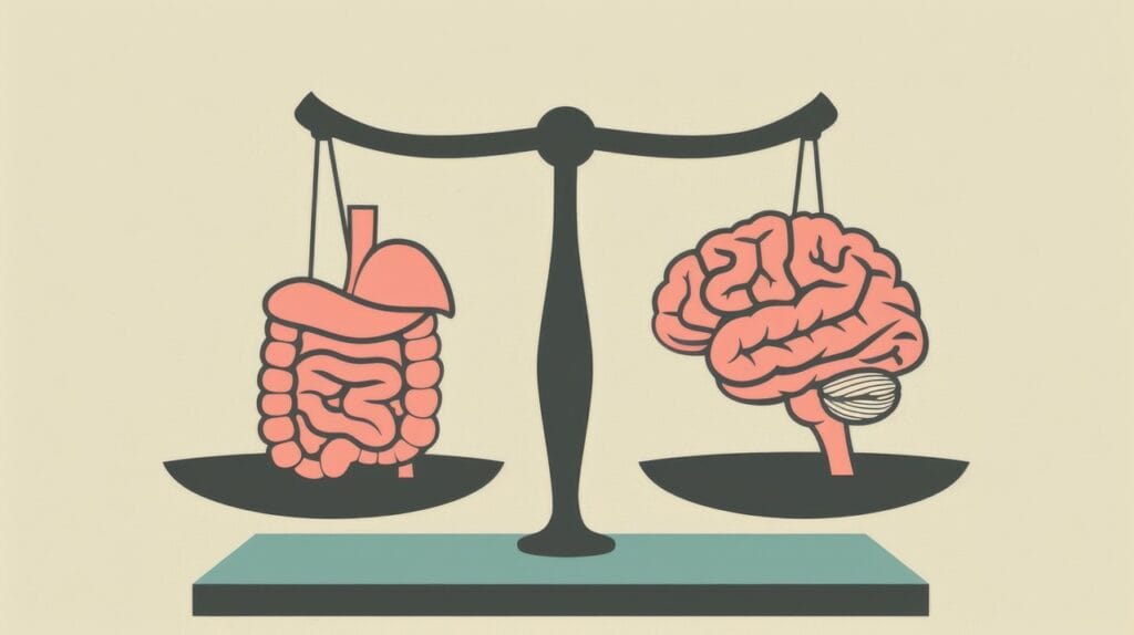 Illustration of gut and brain on balance scale showing their connection